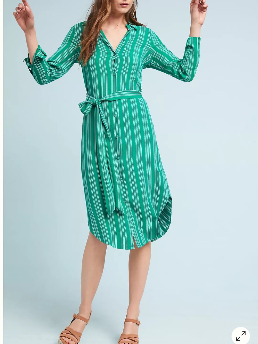 Anthropologie Maeve Martina Green/White Long Sleeve Shirtdress Size 8